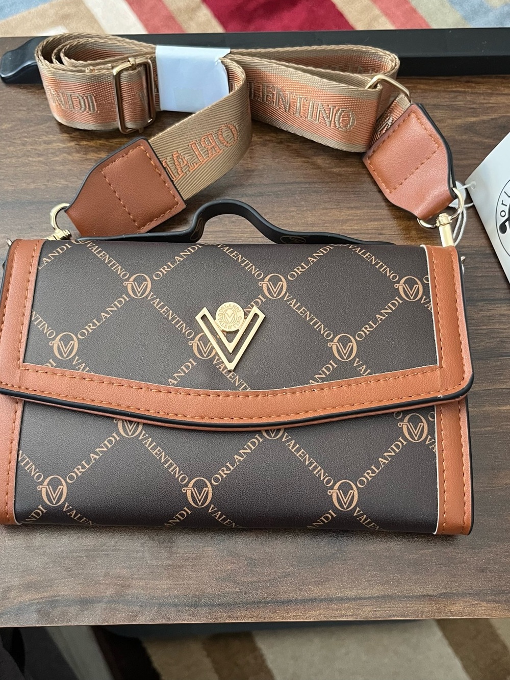 Valentino Orlandi Brown & Tan Monogram Crossbody Bag with Gold Accent